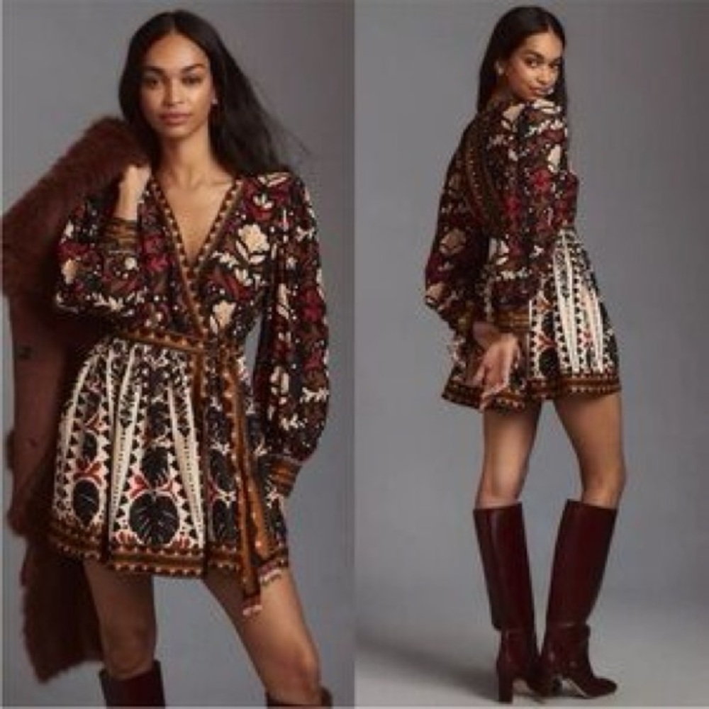 Farm Rio Tapestry Garden V-Neck Belted Mini Dress